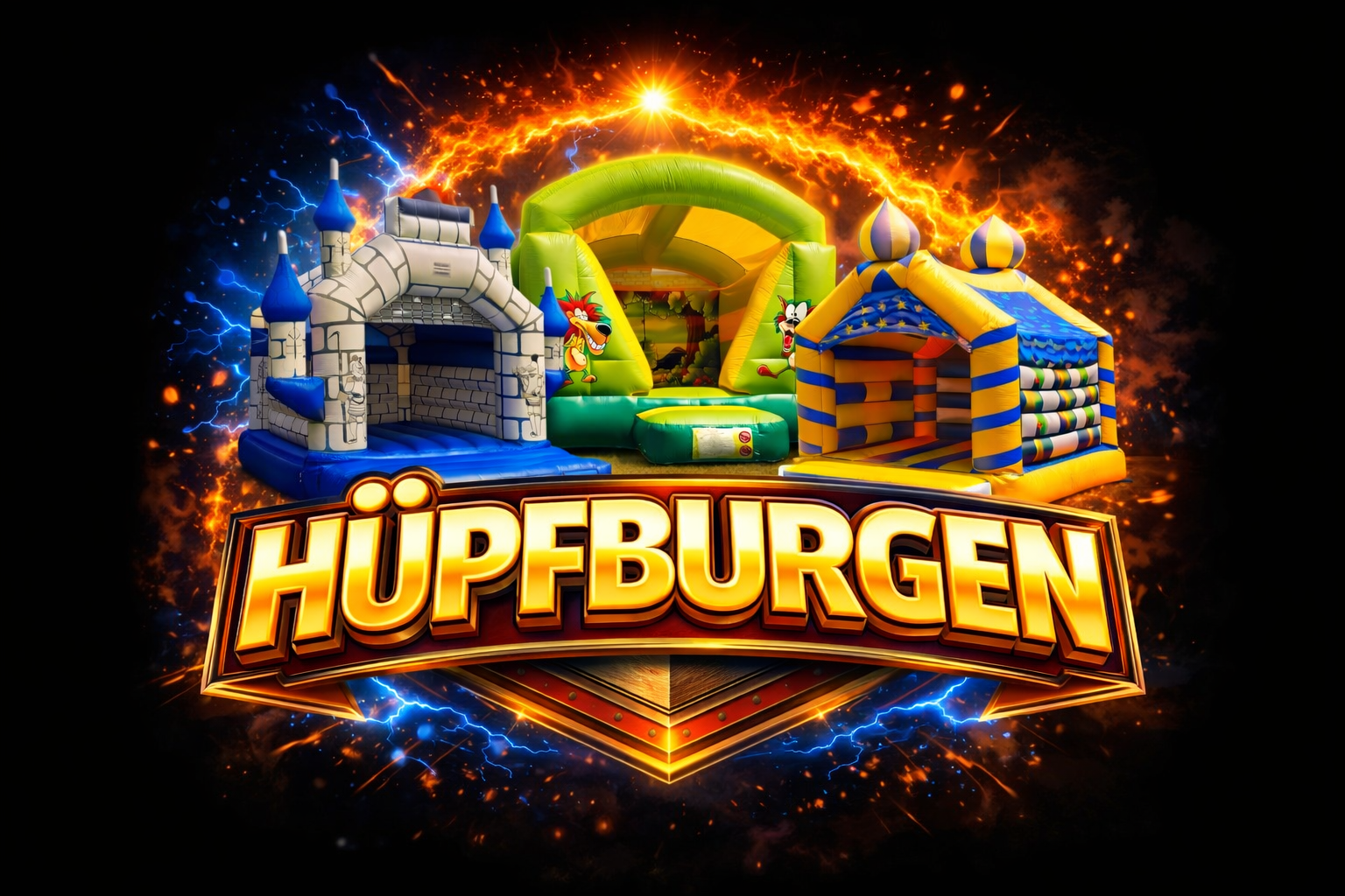 Drei bunte Hüpfburgen mit leuchtenden Akzenten und imposantem Schriftzug Hüpfburgen