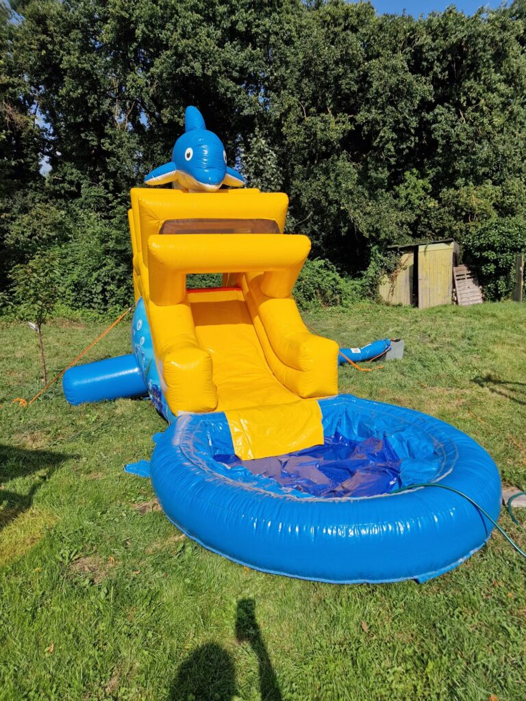 Eine gelbe aufblasbare Rutsche mit blauem Delfin auf grünem Gras bei Sonnenlicht.