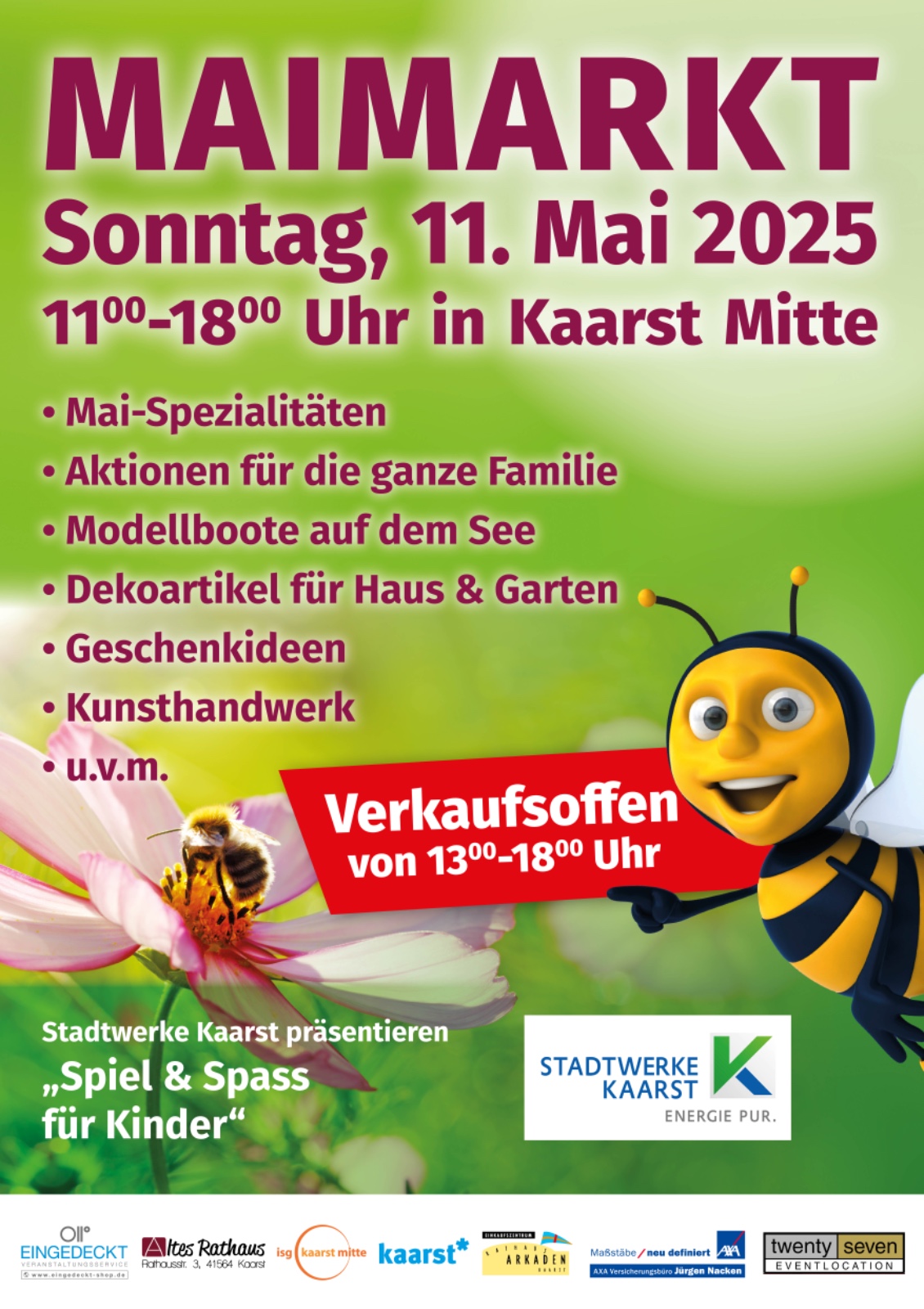 Biene mit freundlichem Gesicht auf grünem Hintergrund neben Informationen zu einem Mai-Markt.