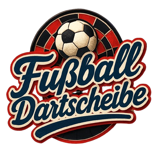 "Fußball-Dartscheibe-Logo mit Fußball, rotes und schwarzes Muster, geschwungene Schrift."