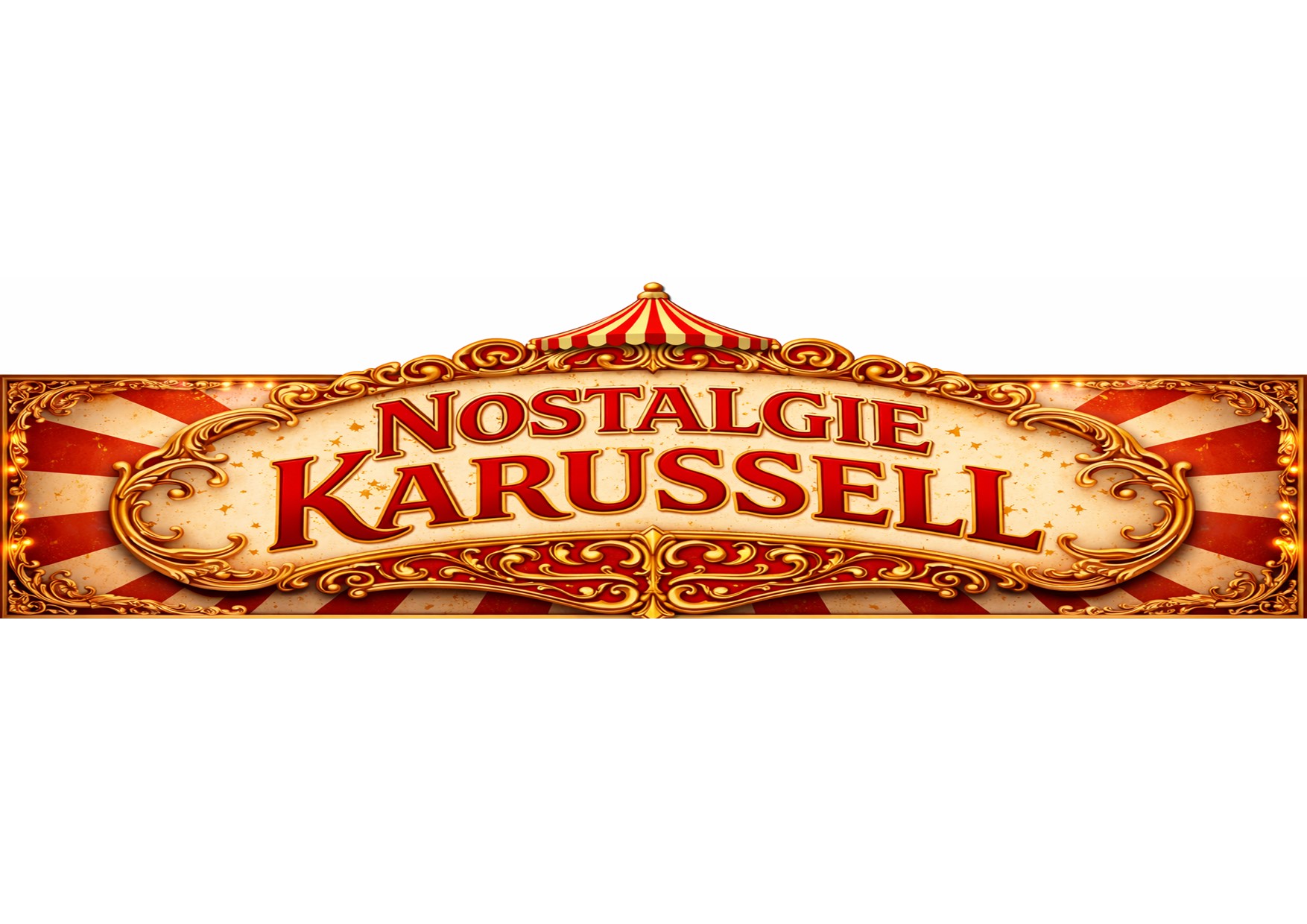 Ein nostalgisches Karussellschild in Rot und Gold mit verspielten Verzierungen
