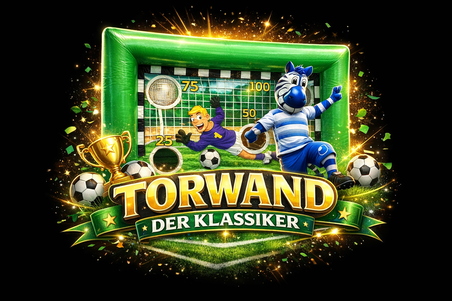 Ein jubelnder Torwart mit grünem Haar und blaues Maskottchen vor einem Torwandspiel