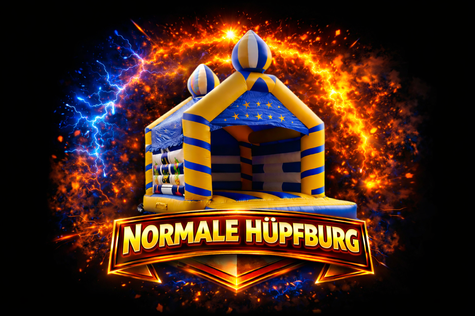 Blau gelbe Hüpfburg mit Sternenmuster vor feurigem und elektrisierendem Hintergrund