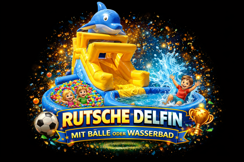 Drei fröhliche Kinder spielen auf einer gelben Delfinrutsche mit bunten Bällen und Wasser