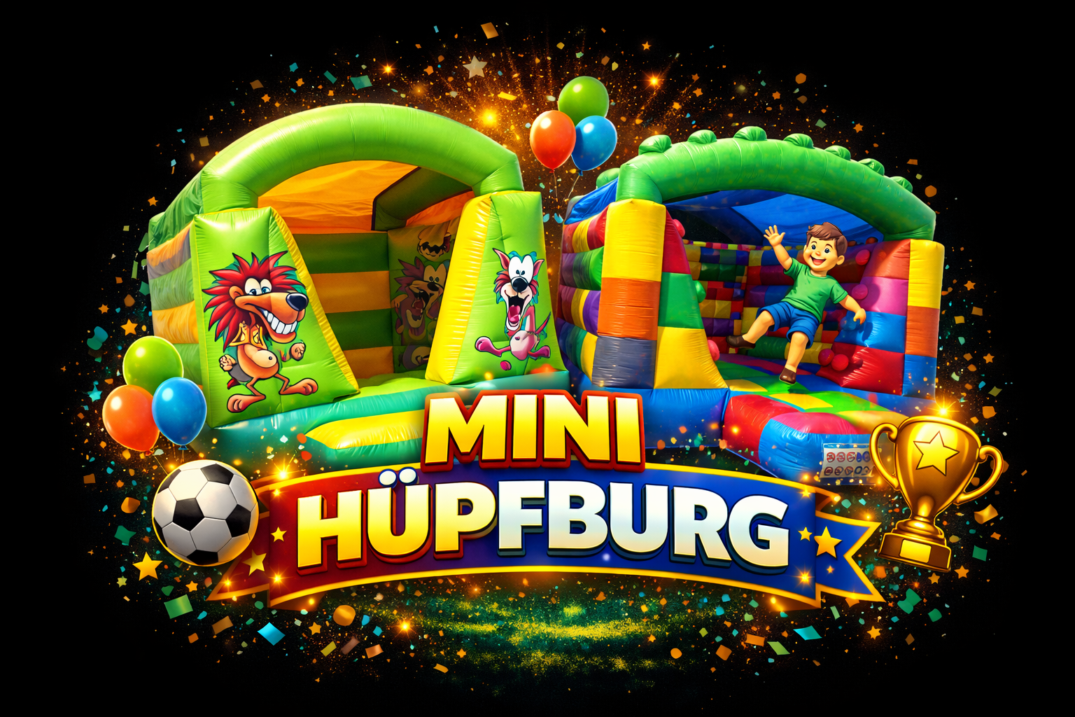 Fröhliches Kind springt in bunter Hüpfburg mit Luftballons und Pokal im Vordergrund
