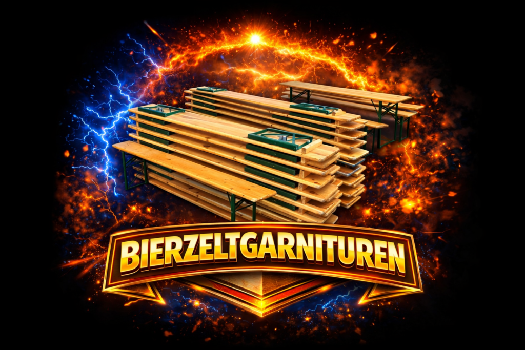 Gestapelte Holzbierbänke und Tische vor einer leuchtenden Feuer und Blitzen Kulisse