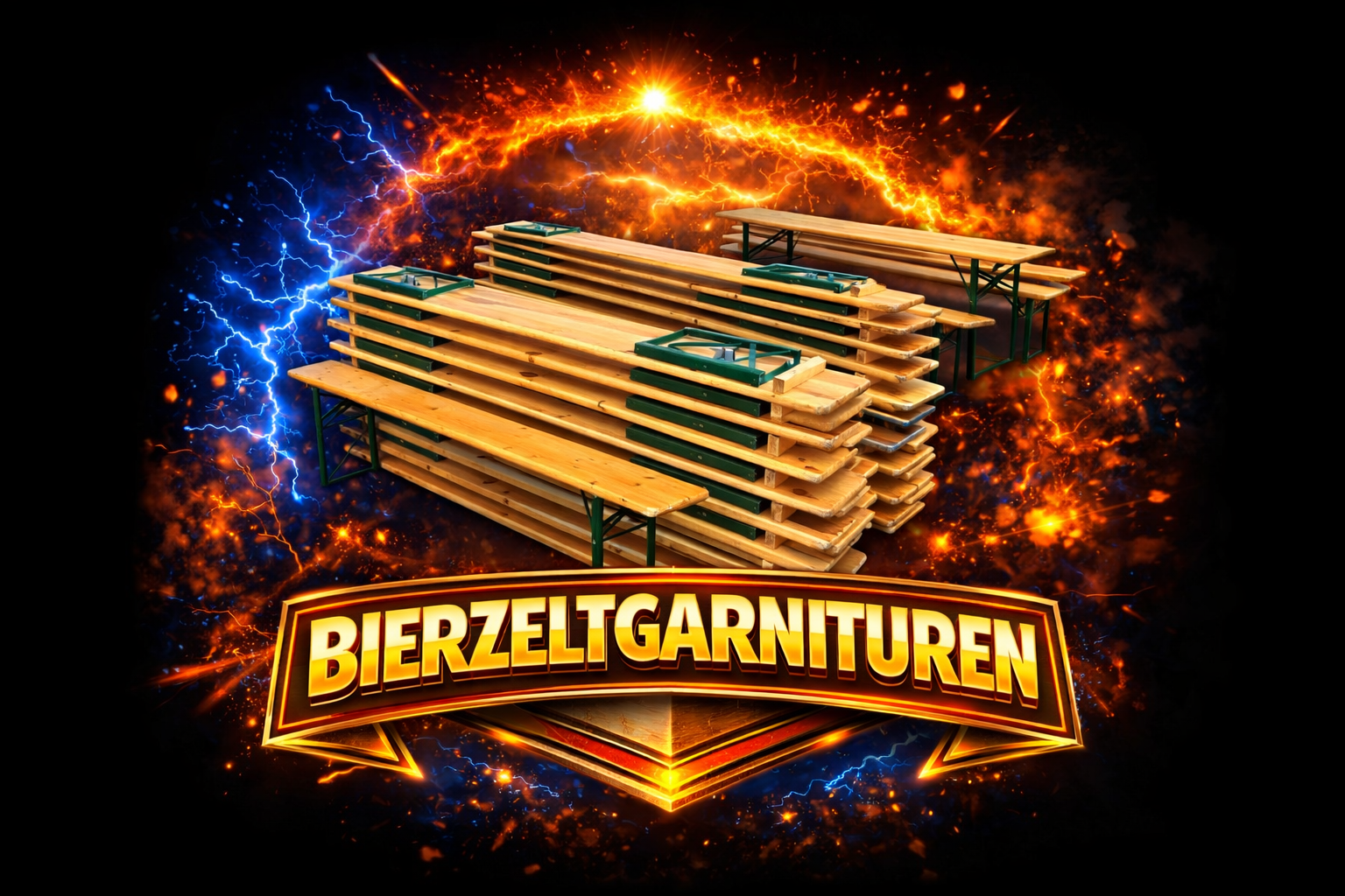 Gestapelte Holzbierbänke und Tische vor einer leuchtenden Feuer und Blitzen Kulisse