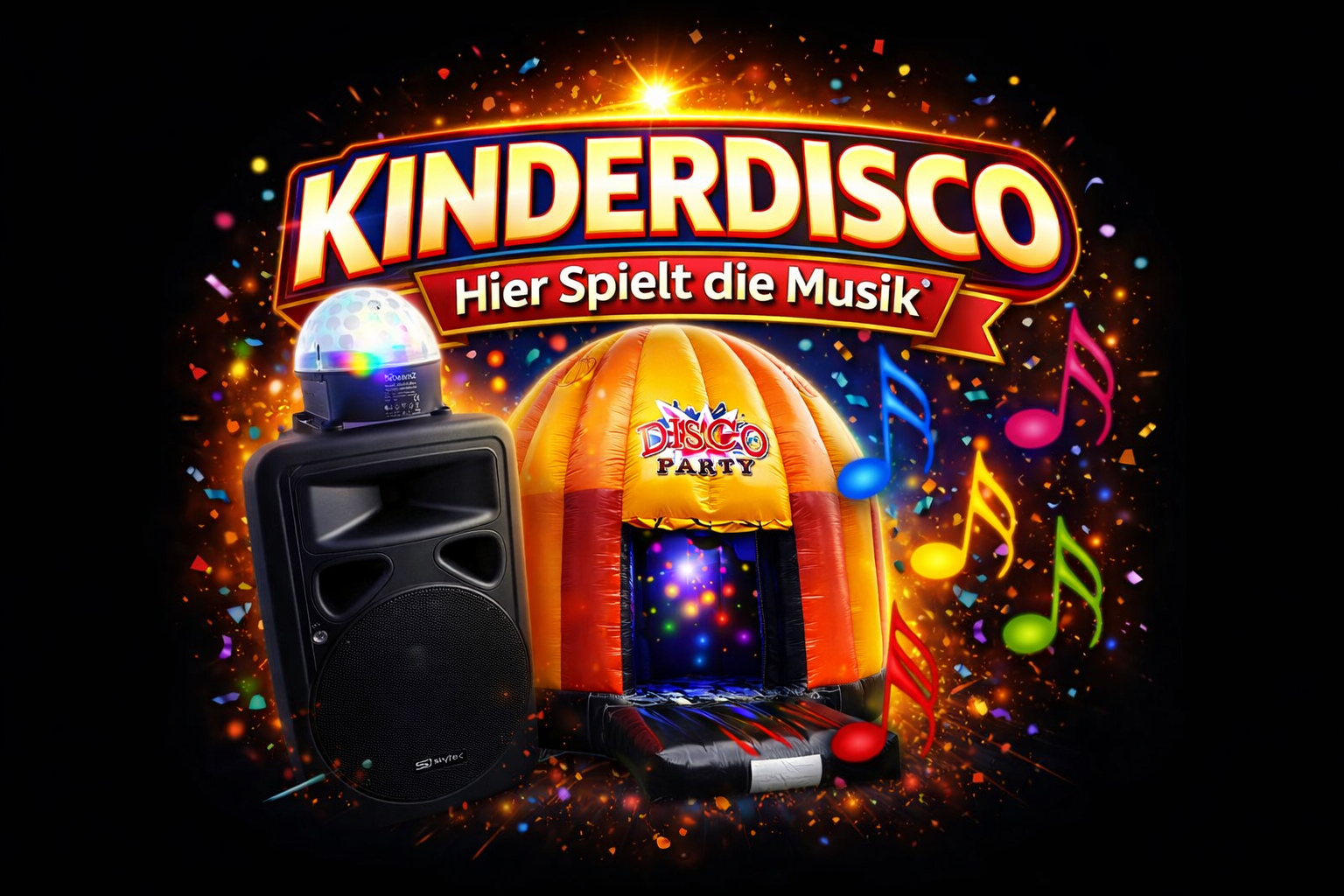 Bunter Kinderdisco Banner mit Lautsprecher, bunter Lichterkugel und Hüpfburg