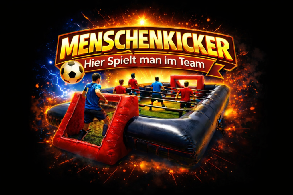Mehrere Menschen spielen lachend in einem bunten Menschenkicker auf grünem Rasen