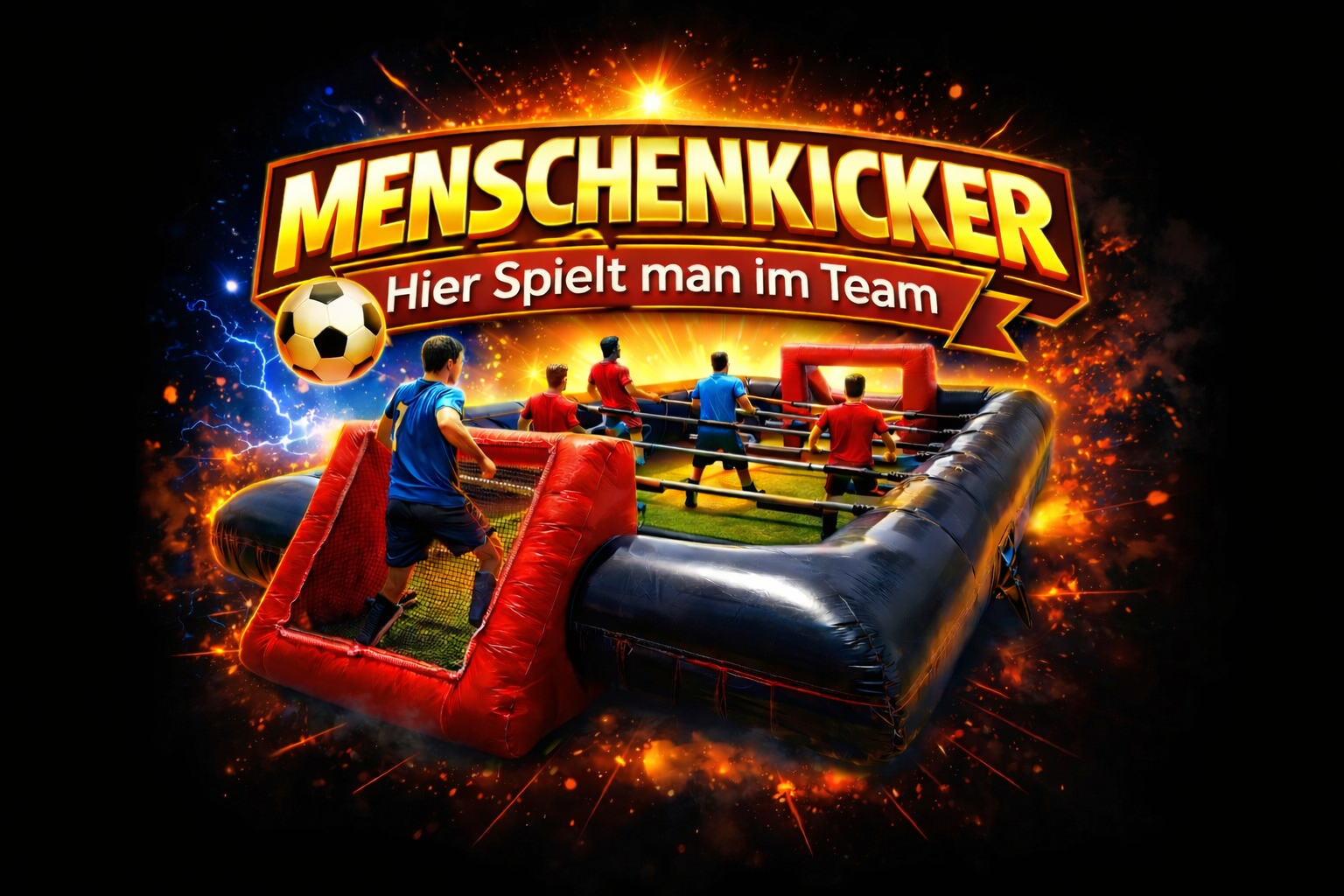 Mehrere Menschen spielen lachend in einem bunten Menschenkicker auf grünem Rasen