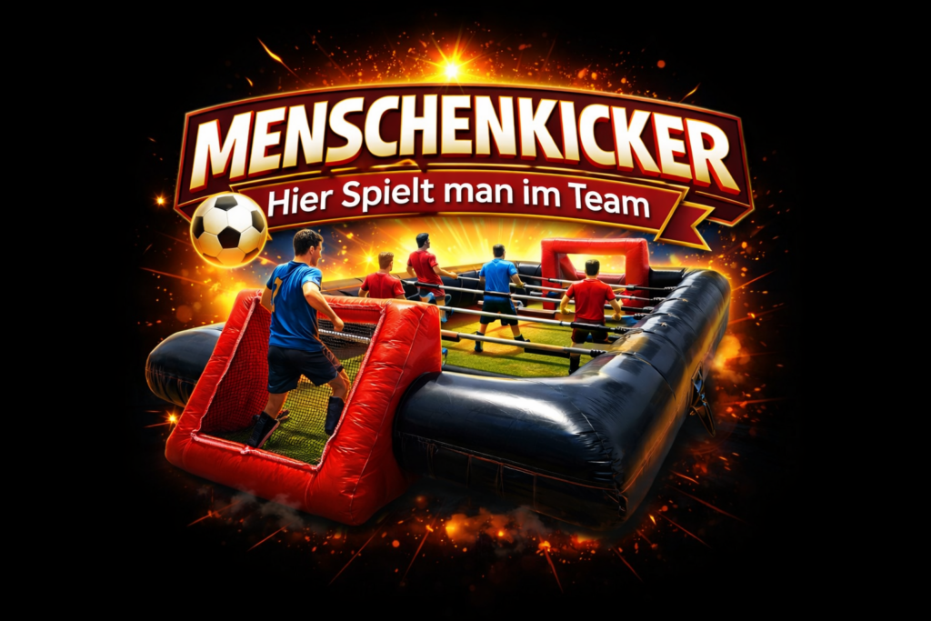 Mehrere Personen spielen lachend an einem bunten Menschenkicker auf grünem Feld