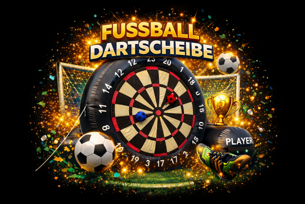 Eine bunte Fußball Dartscheibe mit bunten Lichtern, goldener Trophäe und Fußballschuh
