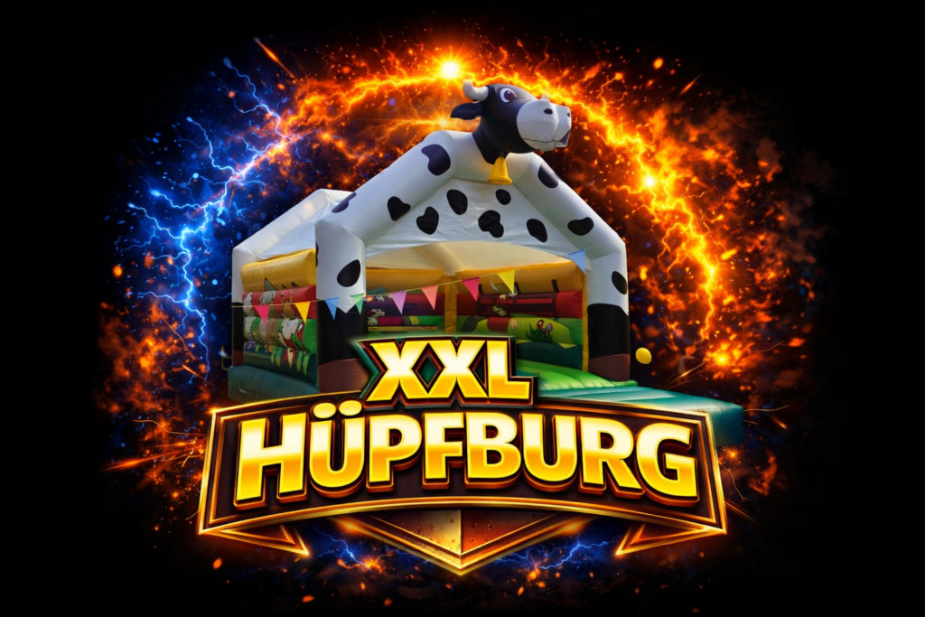 Aufblasbare Hüpfburg in Form einer Kuh mit schwarz weissen Flecken und bunten Girlanden