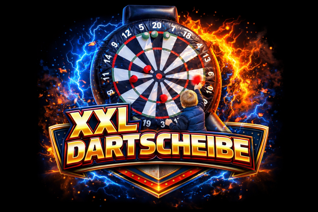 Ein Junge mit blonder Frisur steht vor einer großen bunten Dartscheibe mit Feuer-Effekt