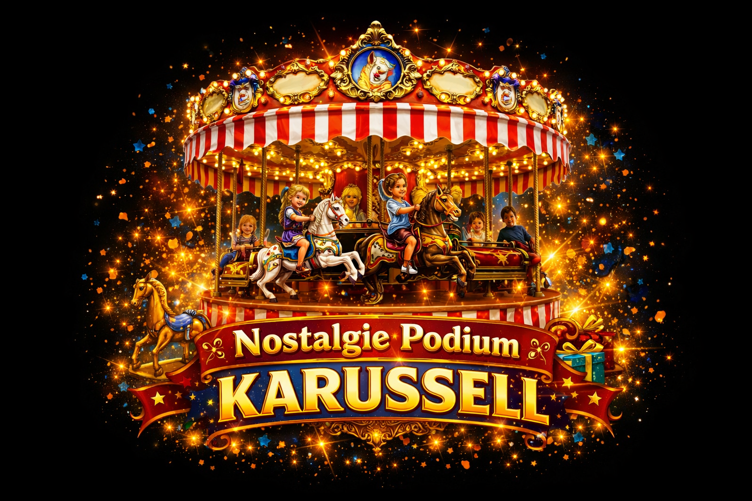 Mehrere fröhliche Kinder reiten auf bunten Holzpferden eines Karussells mit Lichtern