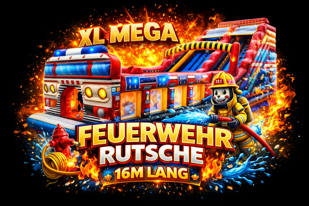 Ein großes, buntes Feuerwehr-Rutschbahn-Modell mit lachendem Feuerwehrmaskottchen in Uniform und Wasserschlauch vor Flammen und Text